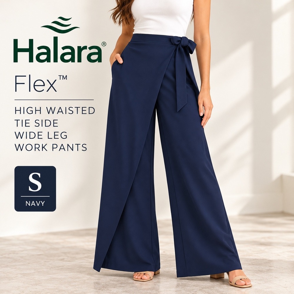 Halara Flex High Waisted Tie Side Wide Leg Work Pants Slacks Womens S Navy NWT